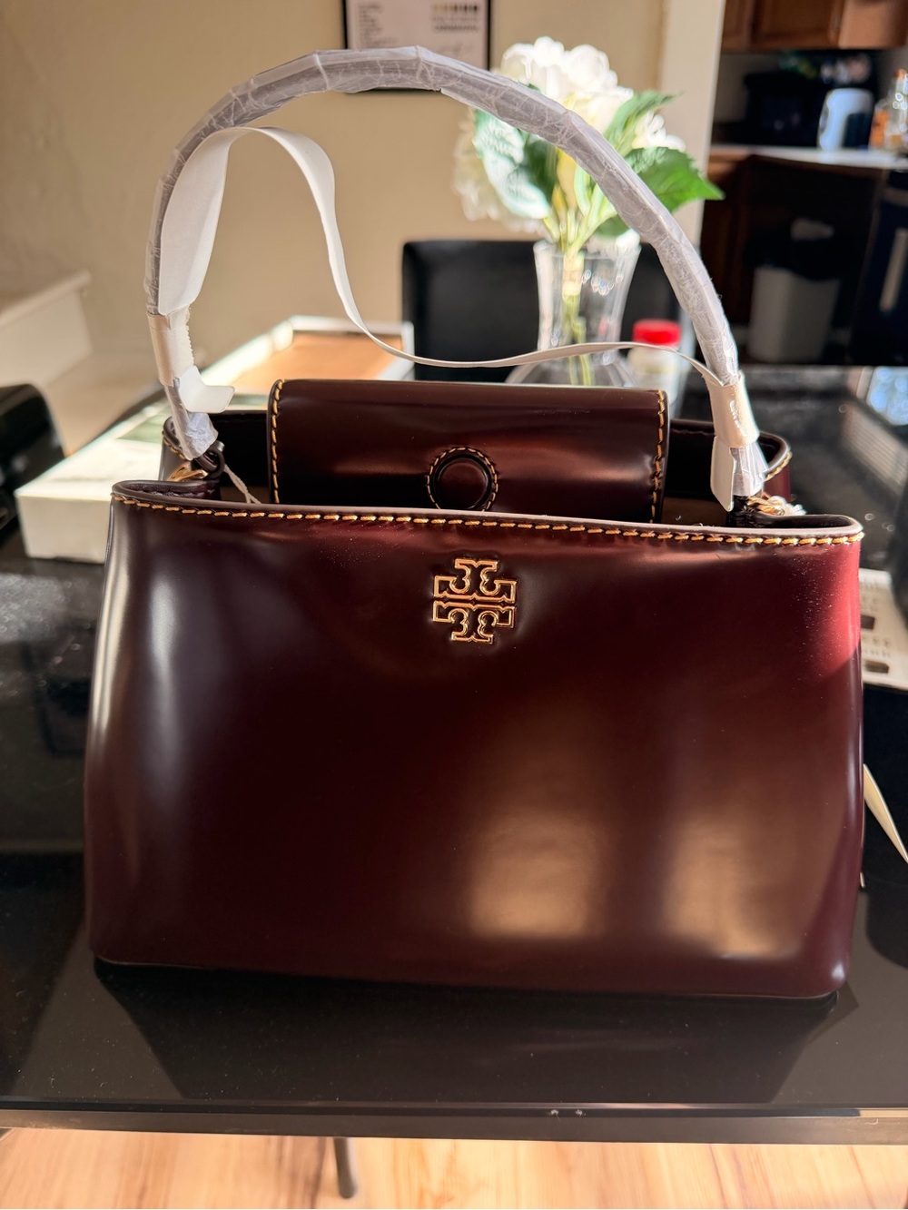 Tory Burch Top-Handle Satchel in Deep Burgundy with Gold Logo